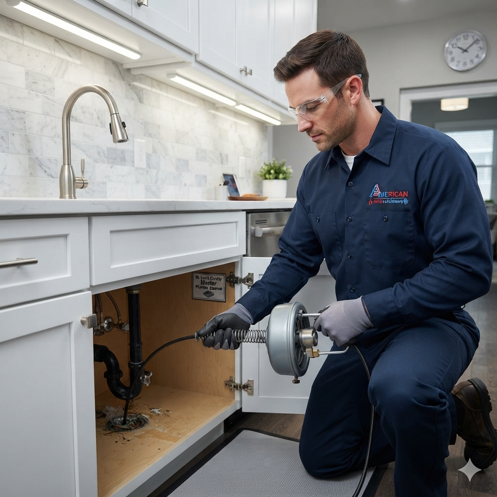 Professional plumber unclogging a blocked kitchen drain in St. Louis, MO