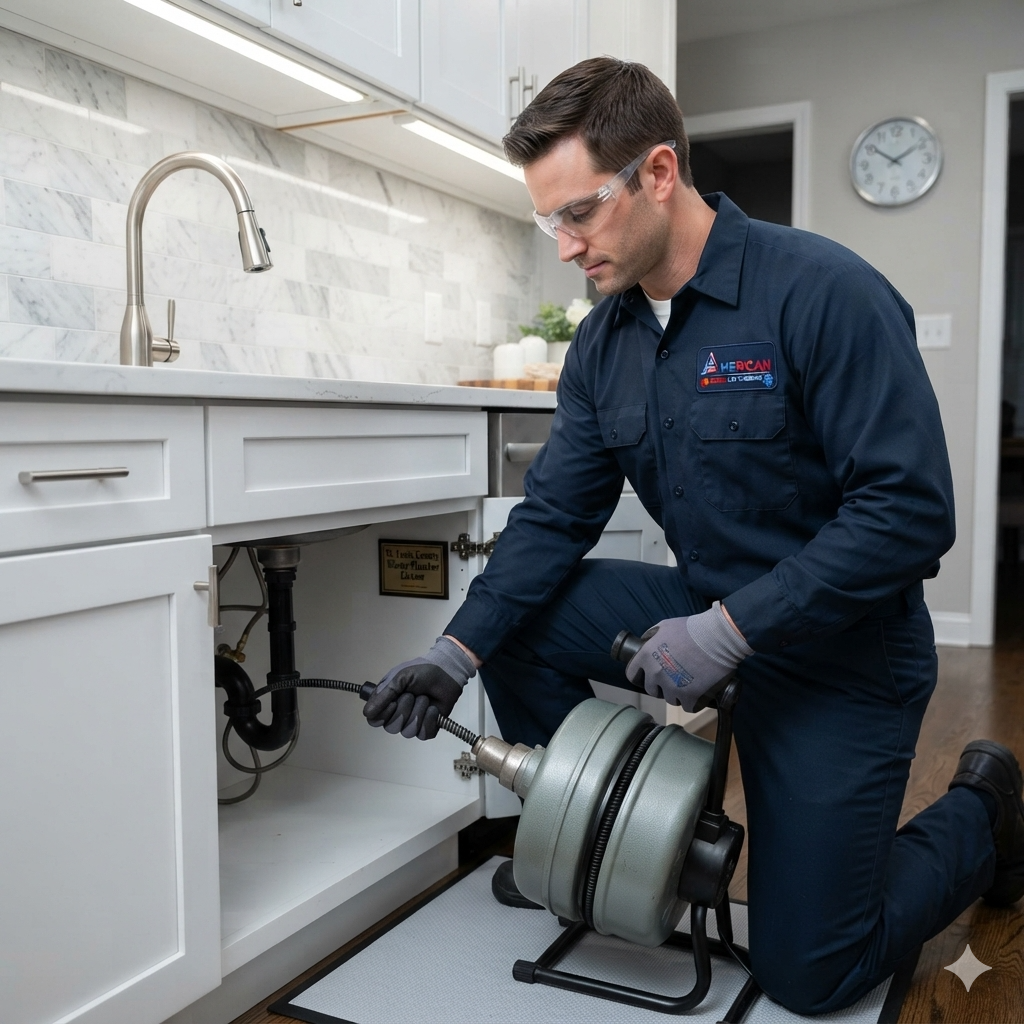 Professional plumber cleaning a clogged drain in St. Louis, MO