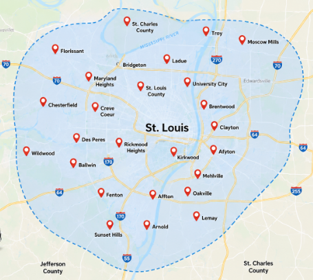 service-areas-st-louis-mo Map representing HVAC, plumbing, and electrical service areas throughout St. Louis, Missouri and surrounding communities