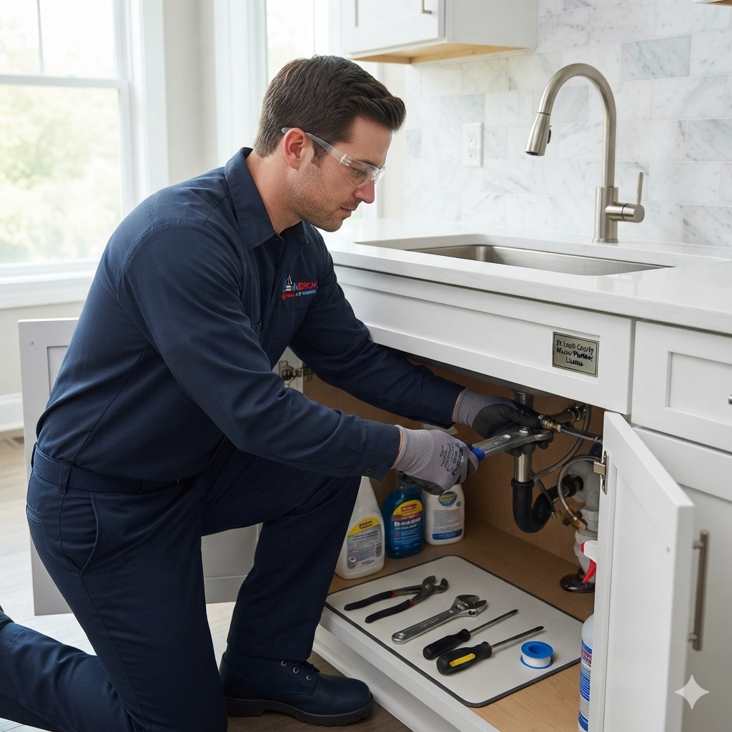 Professional plumber repairing a kitchen sink in St. Louis, MO