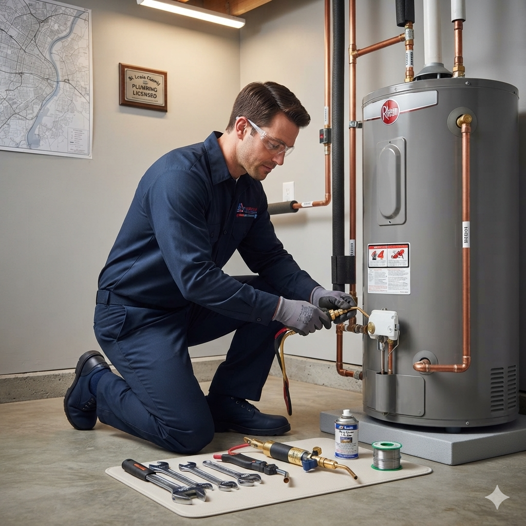 water-heater-services-st-louis-mo Professional plumber installing a water heater in St. Louis, MO