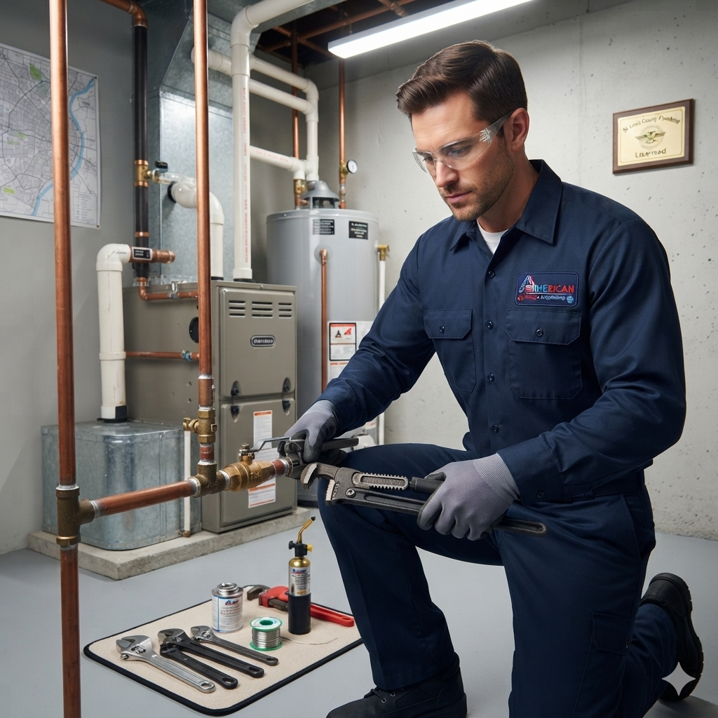Professional plumber replacing a main water shut off valve in St. Louis, MO